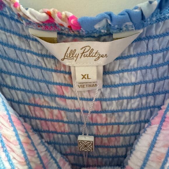 New Lilly Pulitzer Kailua Smocked Maxi Dress Blue Floral Smocked Tie Strap Sz XL - Picture 8 of 11